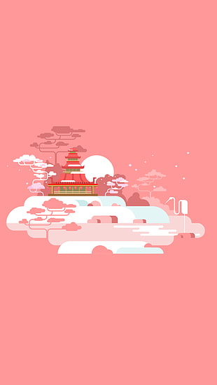 red and pink temple illustration, minimalism, portrait display