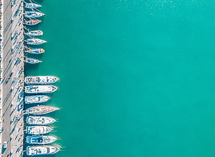 aerial view of yachts and boats beside road during day
