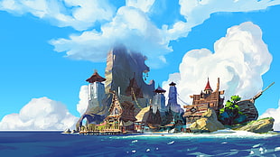 castle in island painting, digital art, island, water