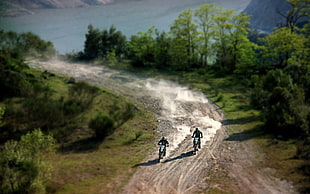 two black motocross dirt bikes, racing, sport , vehicle, nature