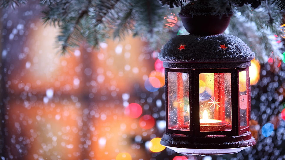 black lantern with tealight candle HD wallpaper