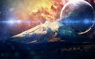 mountain and planet, landscape, planet, mountains, galaxy HD wallpaper