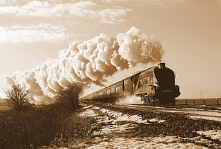 train illustration, vehicle, sepia, train, steam locomotive