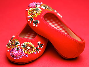 pair of red sequined flats HD wallpaper