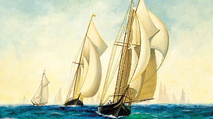 white-and-black sailing boats illustration, painting, sailing ship, artwork