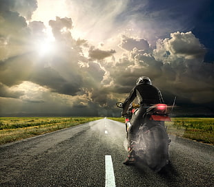 black and red naked motorcycle, landscape, motorcycle, road, pilot