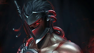 gray and red character wearing mask illustration HD wallpaper