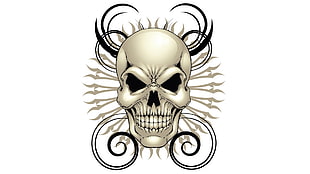 skull illustration, digital art, white background, skull, monochrome