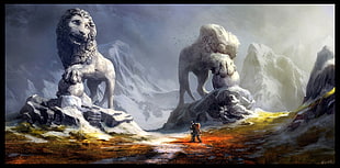 two lion and tiger statue digital wallpaper, statue, road, warrior, lion HD wallpaper
