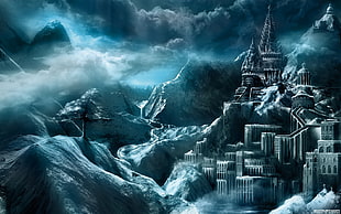 gray castle digital wallpaper, snow, castle, fantasy art