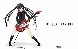 long haired female anime character playing red electric guitar HD wallpaper