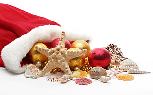 brown star fish, Christmas, New Year, decorations, Santa hats HD wallpaper