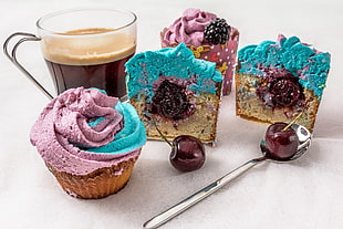 cupcakes and coffee, cake, coffee, cherries, spoon HD wallpaper