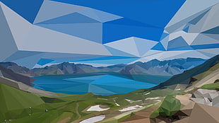 lake and mountain painting, low poly, landscape, nature, lake HD wallpaper