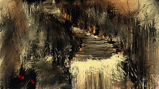 multicolored abstract painting, horror, river, creature