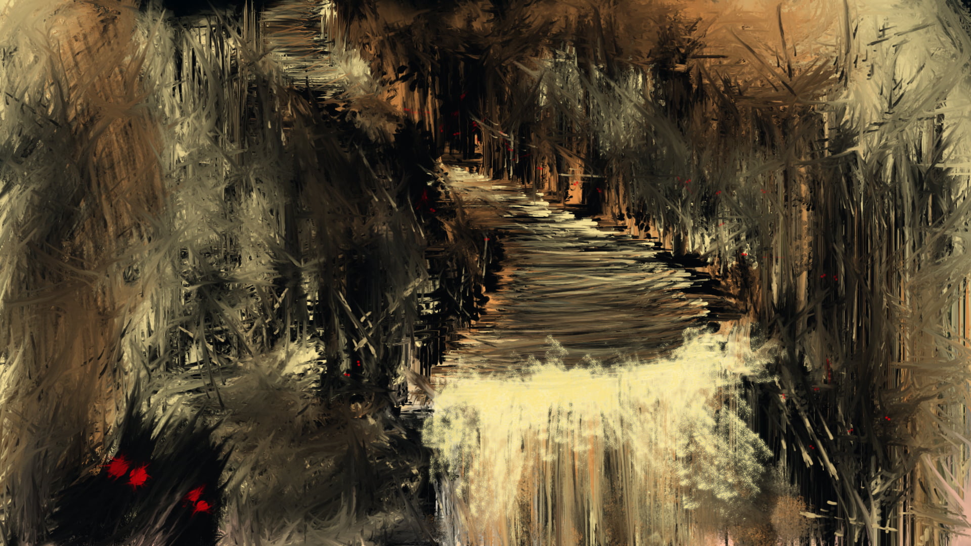 multicolored abstract painting, horror, river, creature