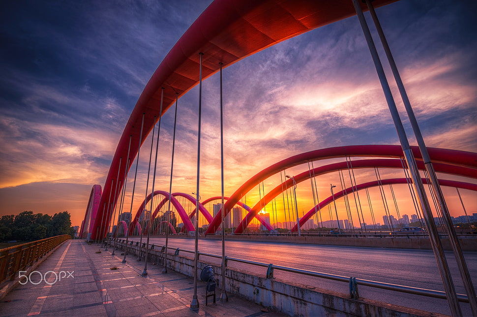 grey bridge, HDR, bridge, sunset, Rainbow Bridge HD wallpaper