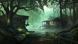 digital painting of wooden shack near river and trees, fantasy art, digital art, artwork, nature