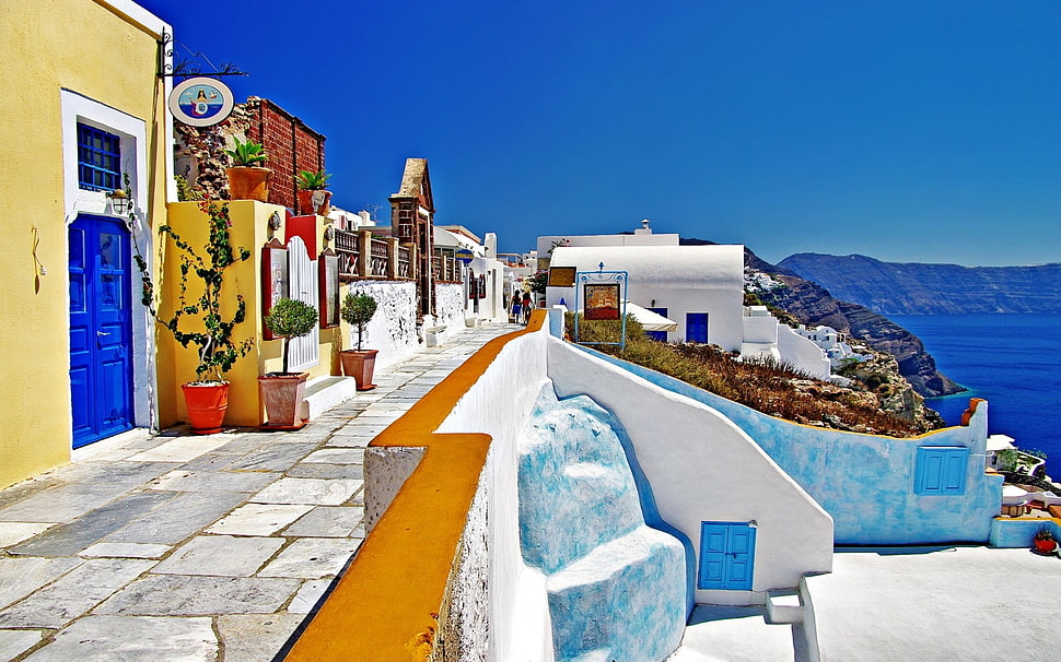 yellow painted house, Greece, landscape, Santorini HD wallpaper