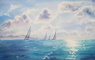 gray sailboat on sea painting, watercolor, blue, sky, nature