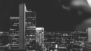 grey high rise building, monochrome, cityscape, photography, Photoshop