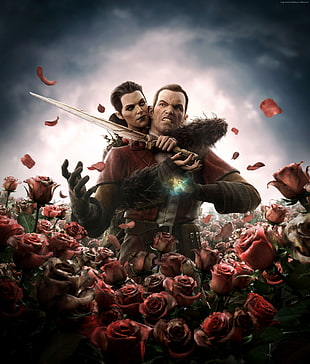man with red shirt and woman holding sword surrounded with red rose flowers digital wallpaper