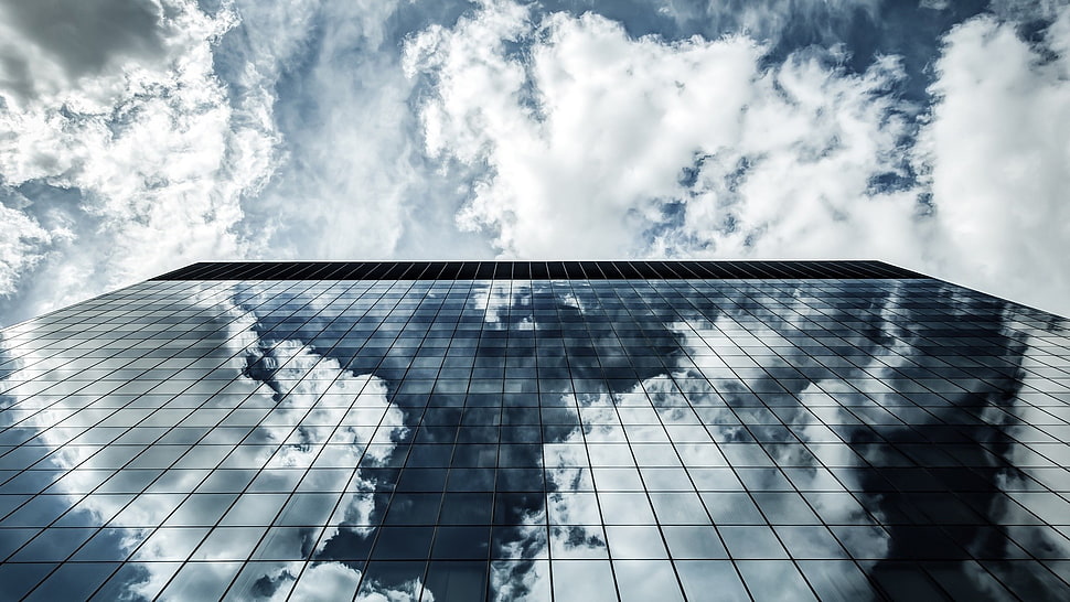 white and black wooden table, skyscraper, architecture, shadow, clouds HD wallpaper