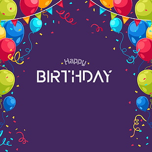 Happy Birthday signage with balloons and purple background HD wallpaper
