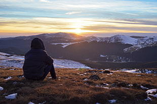 black hooded jacket, nature, landscape, mountains, sunrise HD wallpaper
