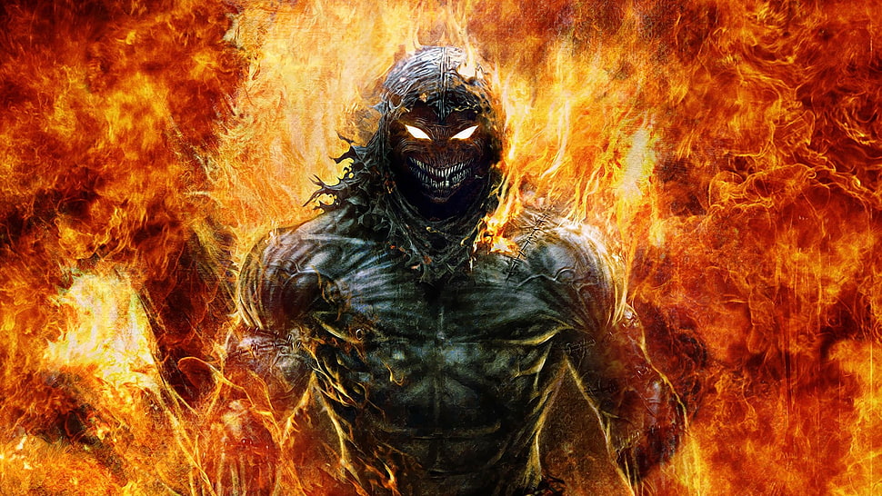 monster standing in fire illustration HD wallpaper