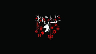 red and white deer logo, Game of Thrones, House Baratheon, black background, minimalism