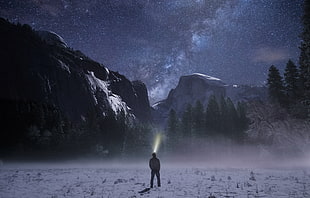 man standing silhouette, Starry sky, Mountains, Night