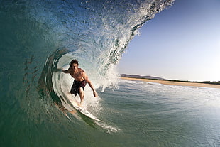 men's black shorts, sports, waves, surfing, men HD wallpaper