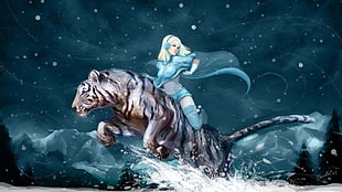 female character riding tiger illustration HD wallpaper