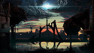 silhouette photo of black metal gate, Derek Rudy, apocalyptic, night, space HD wallpaper