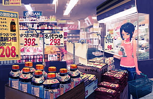 black haired female anime illustration, anime, stores, Japan