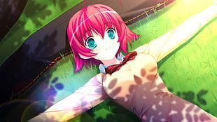 girl anime character laying on green grass illustration