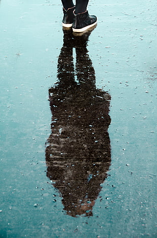 person wearing boots reflected on wet ground