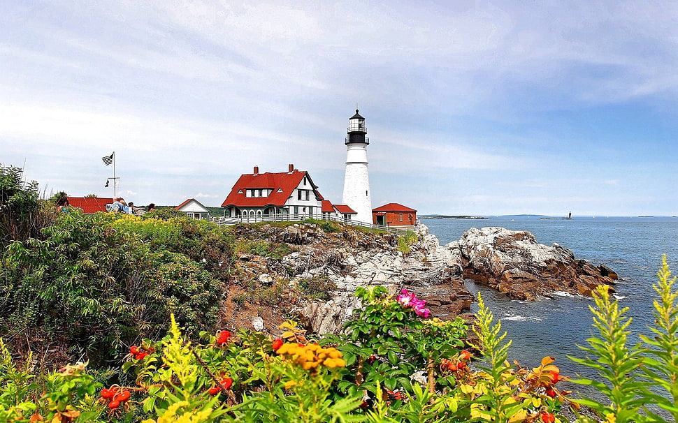 red and white house near white lighthouse and body of water during daytime HD wallpaper
