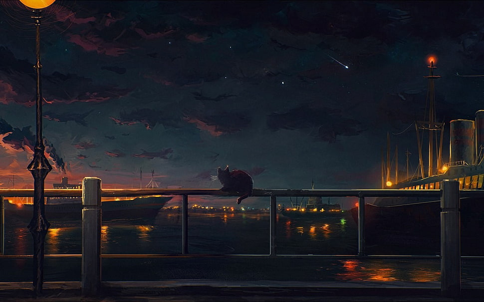 cat sitting on railing painting, cat, night, artwork, sky HD wallpaper