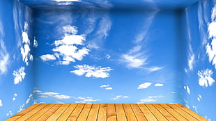 blue sky and clouds wall decor, room, sky, clouds, wooden floor HD wallpaper