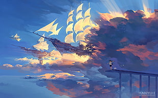 boy standing on gray deck with galleon ship painting HD wallpaper