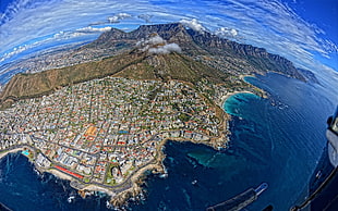 fisheye view of cityscape surrounded by body of water, nature, Cape Town, Table Mountain, Lions head