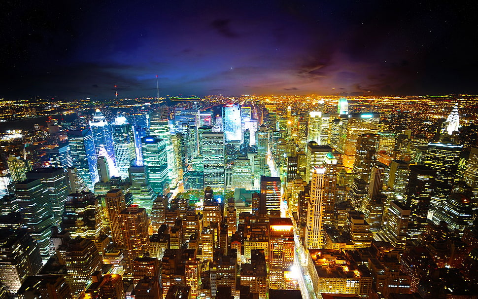 city buildings, city, colorful, night, cityscape HD wallpaper