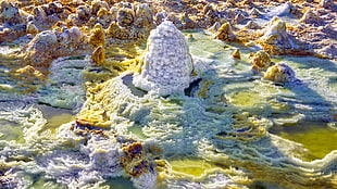 yellow and white rock formation, landscape, salt lakes