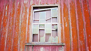 brown wooden framed glass panel, window, broken, old