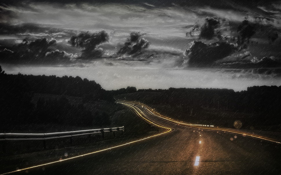 gray concrete road, nature, road, lights, clouds HD wallpaper
