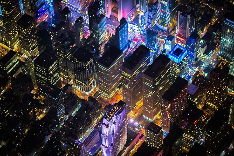 aerial view photo of city, New York City, Times Square, USA, night HD wallpaper