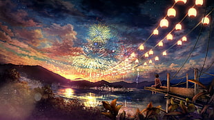yellow and red fireworks during sunset artwork painting