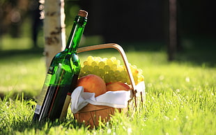 green glass bottle and brown picnic basket